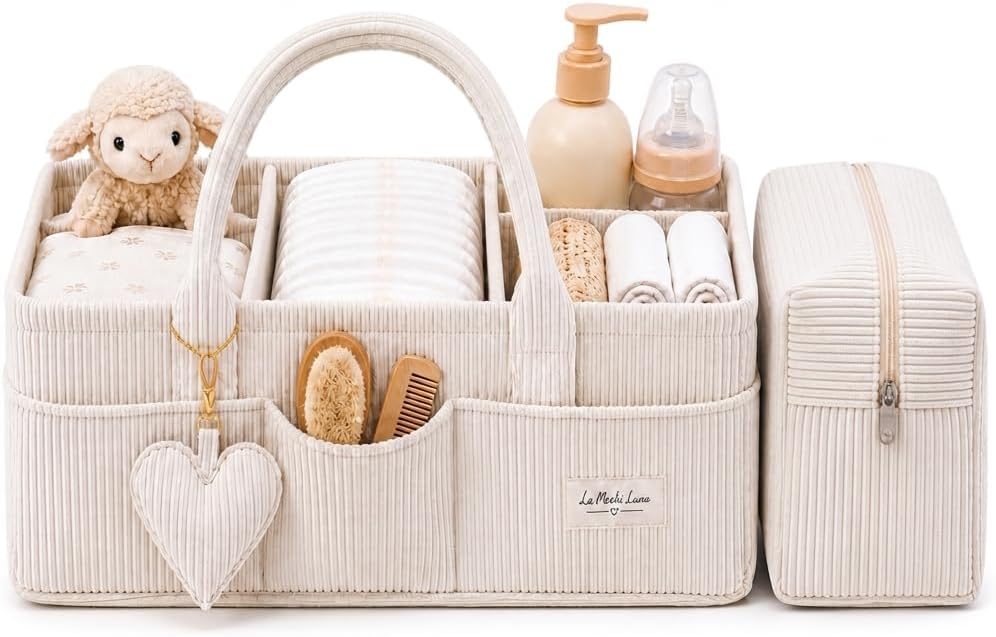 Baby Diaper Caddy Organizer with Matching Zipper Pouch, Soft Corduroy Diaper Storage Basket, Nursery Organizer with Removable Divider, Newborn Essentials, Baby Registry Must Have, Gift for Baby Shower