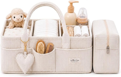 Baby Diaper Caddy Organizer with Matching Zipper Pouch, Soft Corduroy Diaper Storage Basket, Nursery Organizer with Removable Divider, Newborn Essentials, Baby Registry Must Have, Gift for Baby Shower