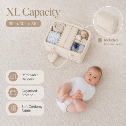 Baby Diaper Caddy Organizer with Matching Zipper Pouch, Soft Corduroy Diaper Storage Basket, Nursery Organizer with Removable Divider, Newborn Essentials, Baby Registry Must Have, Gift for Baby Shower