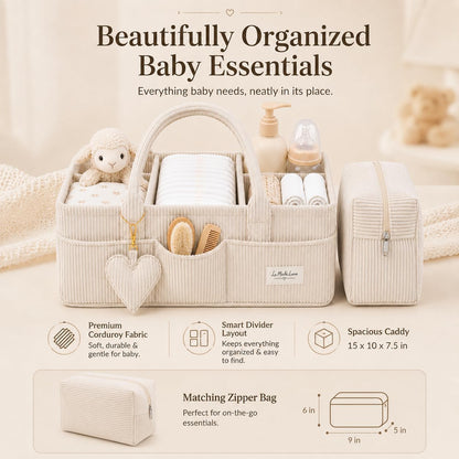 Baby Diaper Caddy Organizer with Matching Zipper Pouch, Soft Corduroy Diaper Storage Basket, Nursery Organizer with Removable Divider, Newborn Essentials, Baby Registry Must Have, Gift for Baby Shower