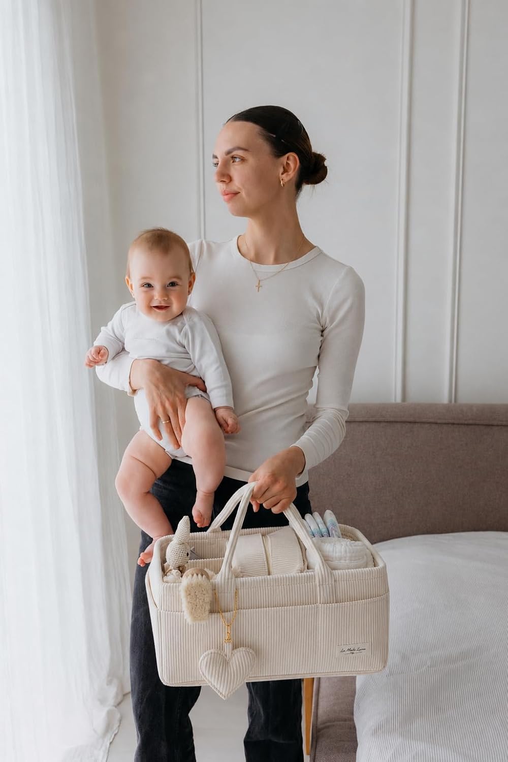 Baby Diaper Caddy Organizer with Matching Zipper Pouch, Soft Corduroy Diaper Storage Basket, Nursery Organizer with Removable Divider, Newborn Essentials, Baby Registry Must Have, Gift for Baby Shower