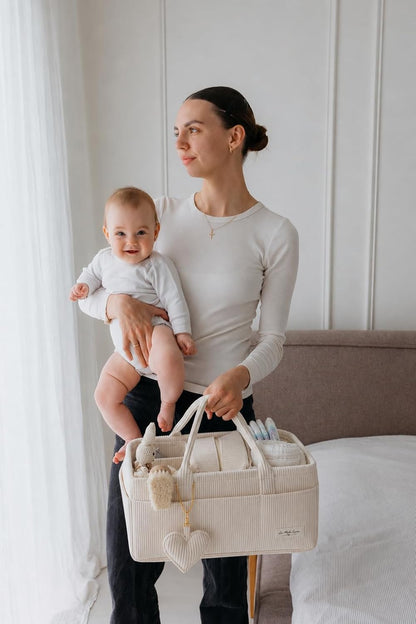 Baby Diaper Caddy Organizer with Matching Zipper Pouch, Soft Corduroy Diaper Storage Basket, Nursery Organizer with Removable Divider, Newborn Essentials, Baby Registry Must Have, Gift for Baby Shower