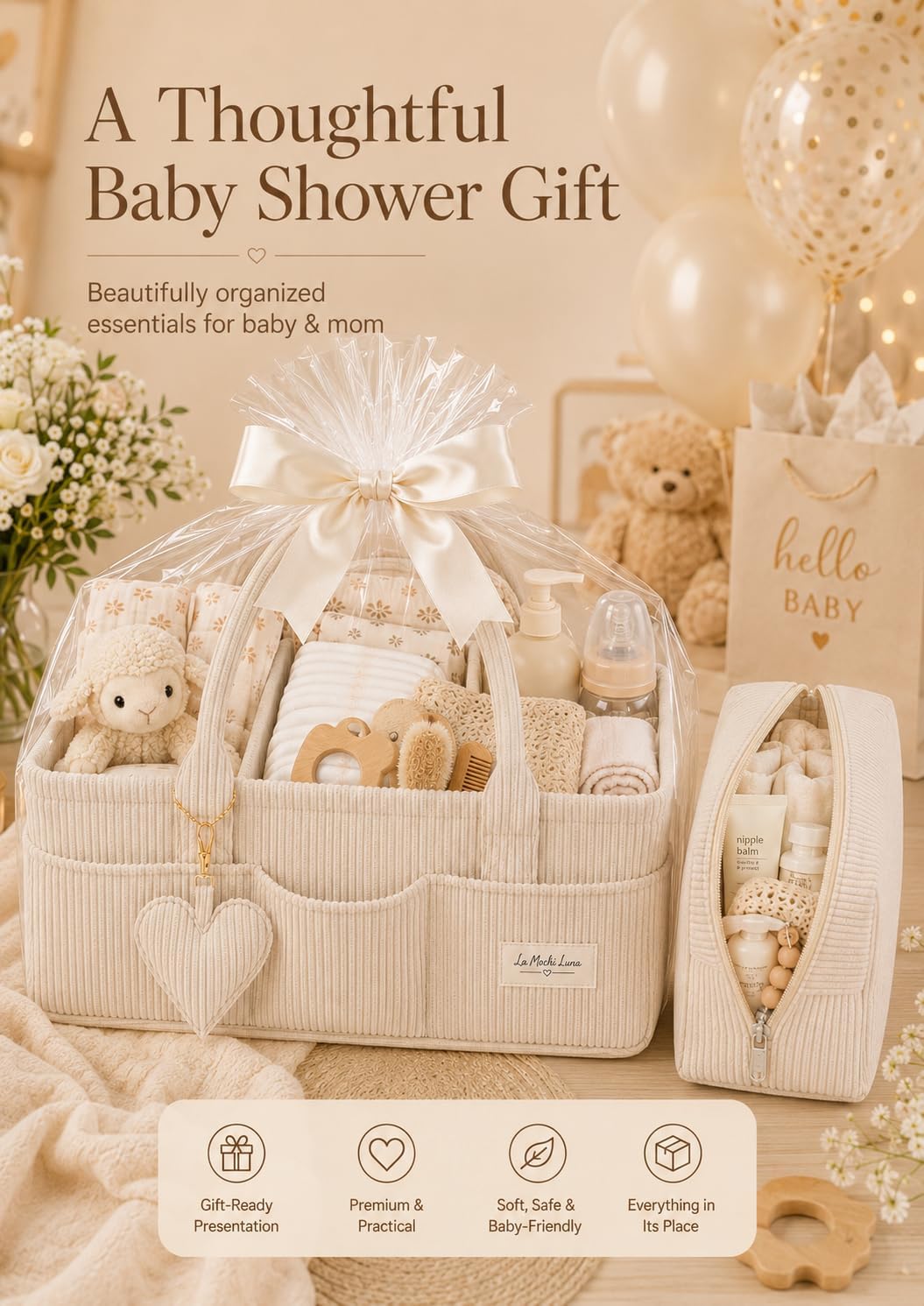 Baby Diaper Caddy Organizer with Matching Zipper Pouch, Soft Corduroy Diaper Storage Basket, Nursery Organizer with Removable Divider, Newborn Essentials, Baby Registry Must Have, Gift for Baby Shower