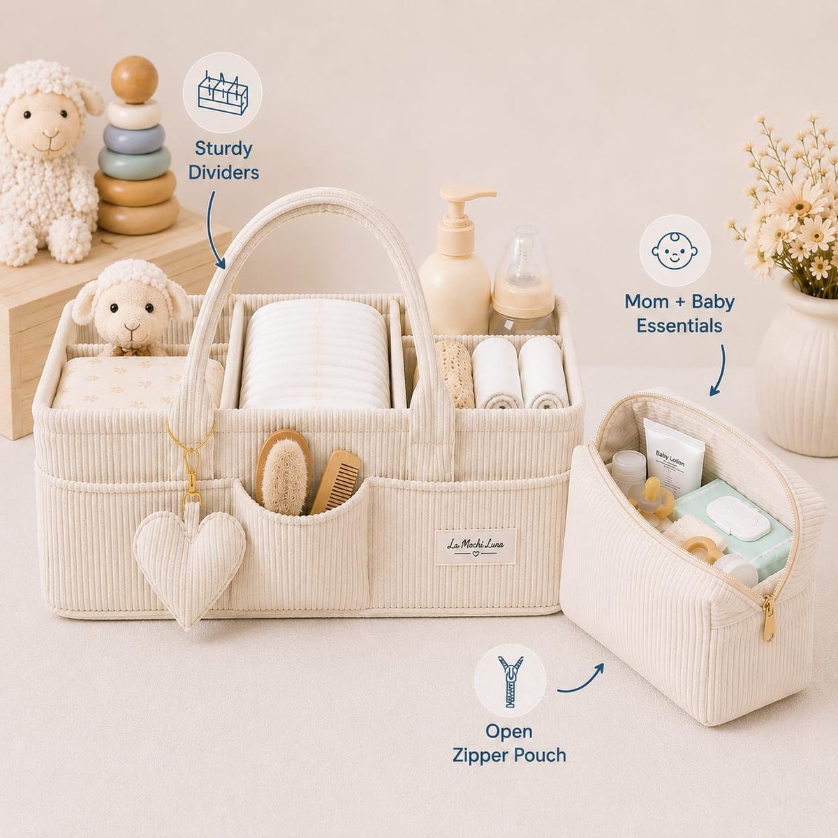 Baby Diaper Caddy Organizer with Matching Zipper Pouch, Soft Corduroy Diaper Storage Basket, Nursery Organizer with Removable Divider, Newborn Essentials, Baby Registry Must Have, Gift for Baby Shower