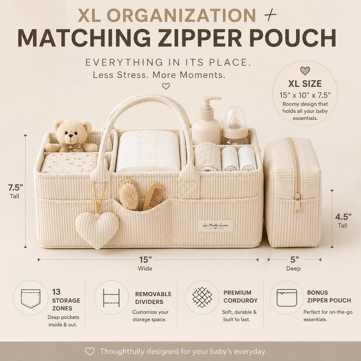 Baby Diaper Caddy Organizer with Matching Zipper Pouch, Soft Corduroy Diaper Storage Basket, Nursery Organizer with Removable Divider, Newborn Essentials, Baby Registry Must Have, Gift for Baby Shower
