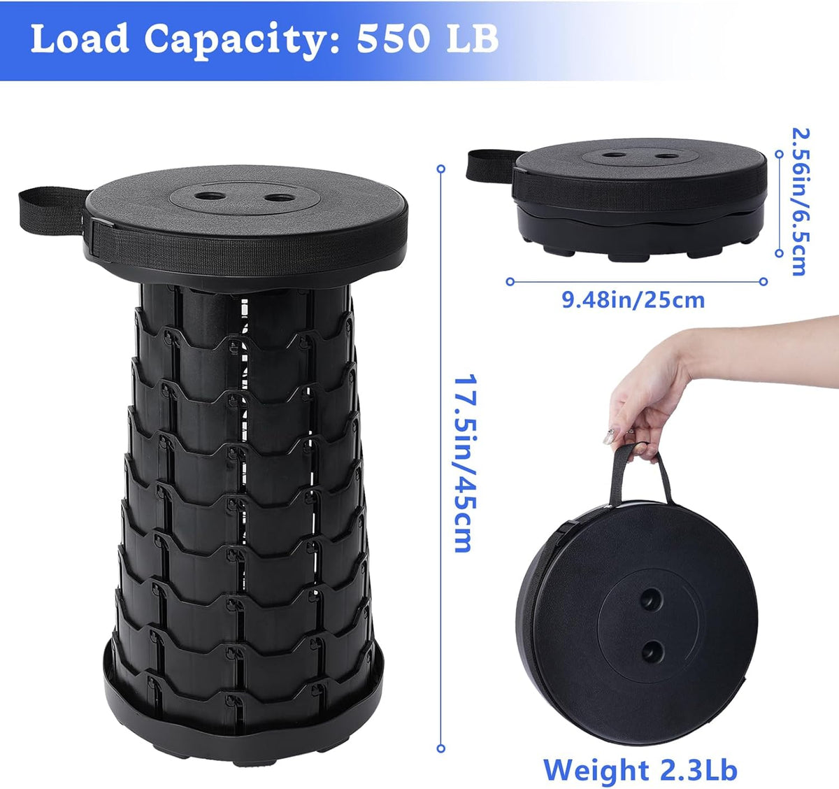 Foldable Telescoping Stool Portable, Retractable Stool for Adults, Upgraded Collapsible Folding Seats with Load Capacity 550lbs, Camping Stools for Adults