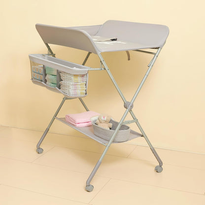 Baby Changing Table with Wheels, Portable Diaper Changing Station with 4-Level Height Adjustment & Storage Rack for Newborn, Infant(Light Grey)