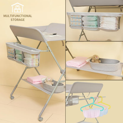Baby Changing Table with Wheels, Portable Diaper Changing Station with 4-Level Height Adjustment & Storage Rack for Newborn, Infant(Light Grey)