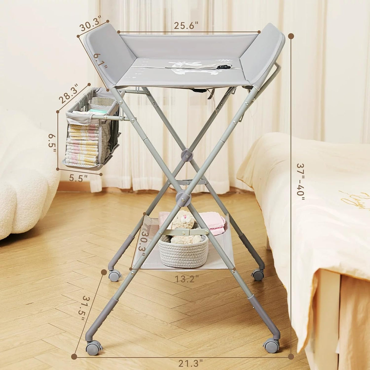 Baby Changing Table with Wheels, Portable Diaper Changing Station with 4-Level Height Adjustment & Storage Rack for Newborn, Infant(Light Grey)