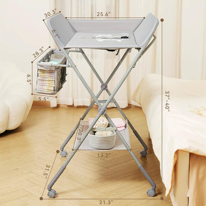 Baby Changing Table with Wheels, Portable Diaper Changing Station with 4-Level Height Adjustment & Storage Rack for Newborn, Infant(Light Grey)