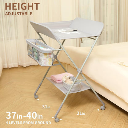 Baby Changing Table with Wheels, Portable Diaper Changing Station with 4-Level Height Adjustment & Storage Rack for Newborn, Infant(Light Grey)