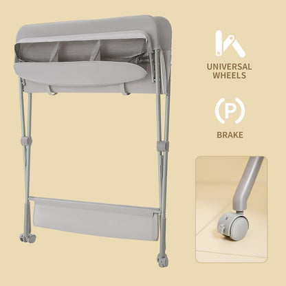 Baby Changing Table with Wheels, Portable Diaper Changing Station with 4-Level Height Adjustment & Storage Rack for Newborn, Infant(Light Grey)
