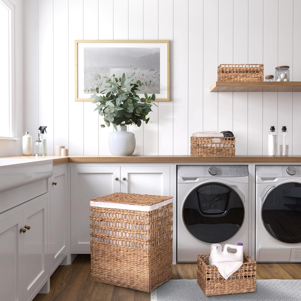 Premium Natural Handwoven Portable Laundry Bin Basket with Carrying Handles, Household Storage for Clothes, Linens, Sheets, Toys, Natural Water Hyacinth, Rectangular