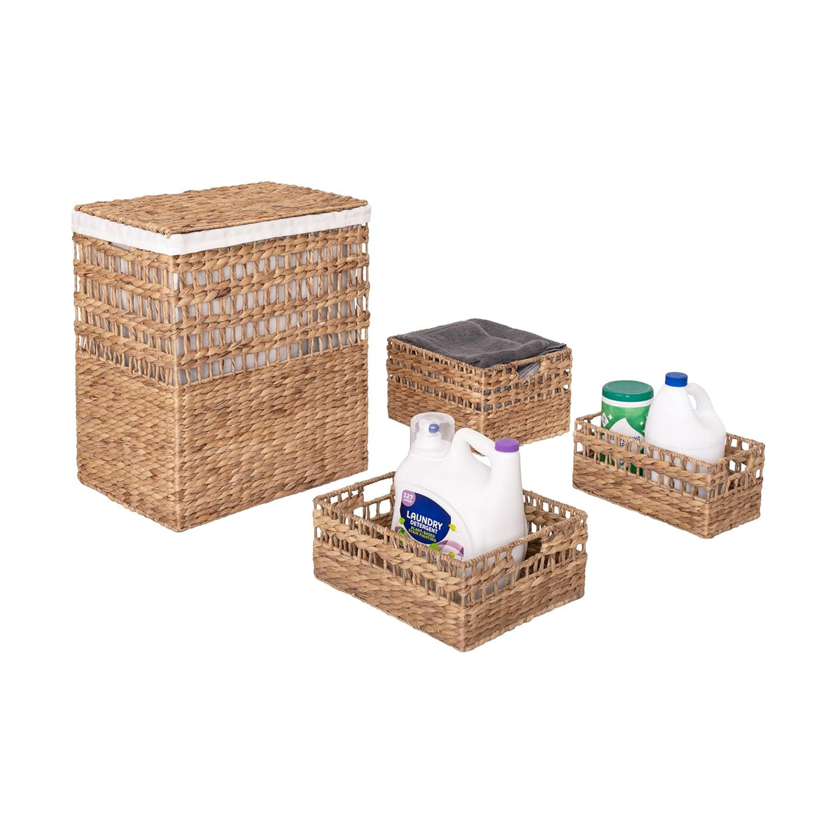 Premium Natural Handwoven Portable Laundry Bin Basket with Carrying Handles, Household Storage for Clothes, Linens, Sheets, Toys, Natural Water Hyacinth, Rectangular