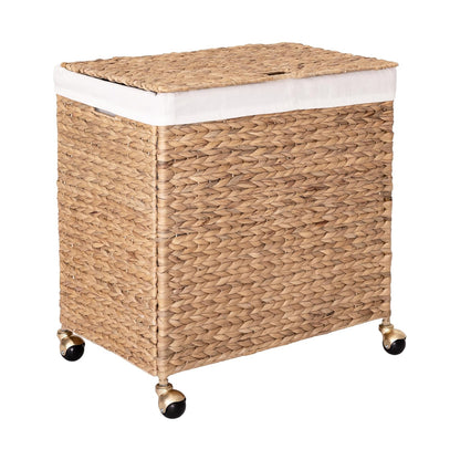 Premium Natural Handwoven Portable Laundry Bin Basket with Carrying Handles, Household Storage for Clothes, Linens, Sheets, Toys, Natural Water Hyacinth, Rectangular
