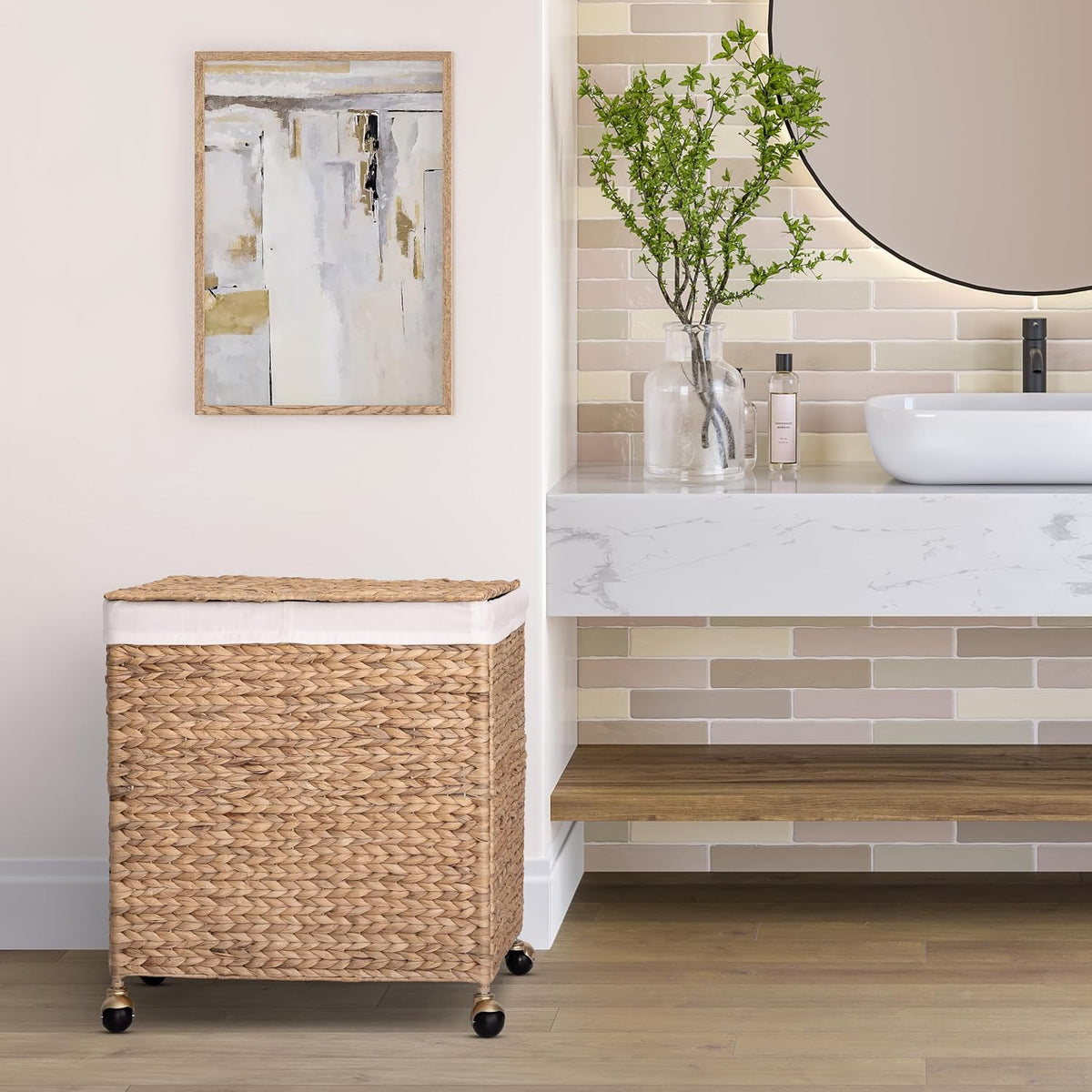 Premium Natural Handwoven Portable Laundry Bin Basket with Carrying Handles, Household Storage for Clothes, Linens, Sheets, Toys, Natural Water Hyacinth, Rectangular