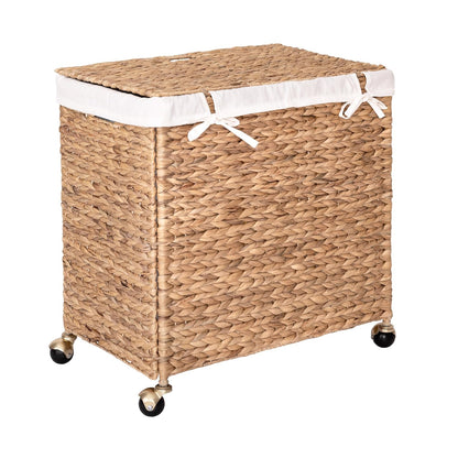 Premium Natural Handwoven Portable Laundry Bin Basket with Carrying Handles, Household Storage for Clothes, Linens, Sheets, Toys, Natural Water Hyacinth, Rectangular