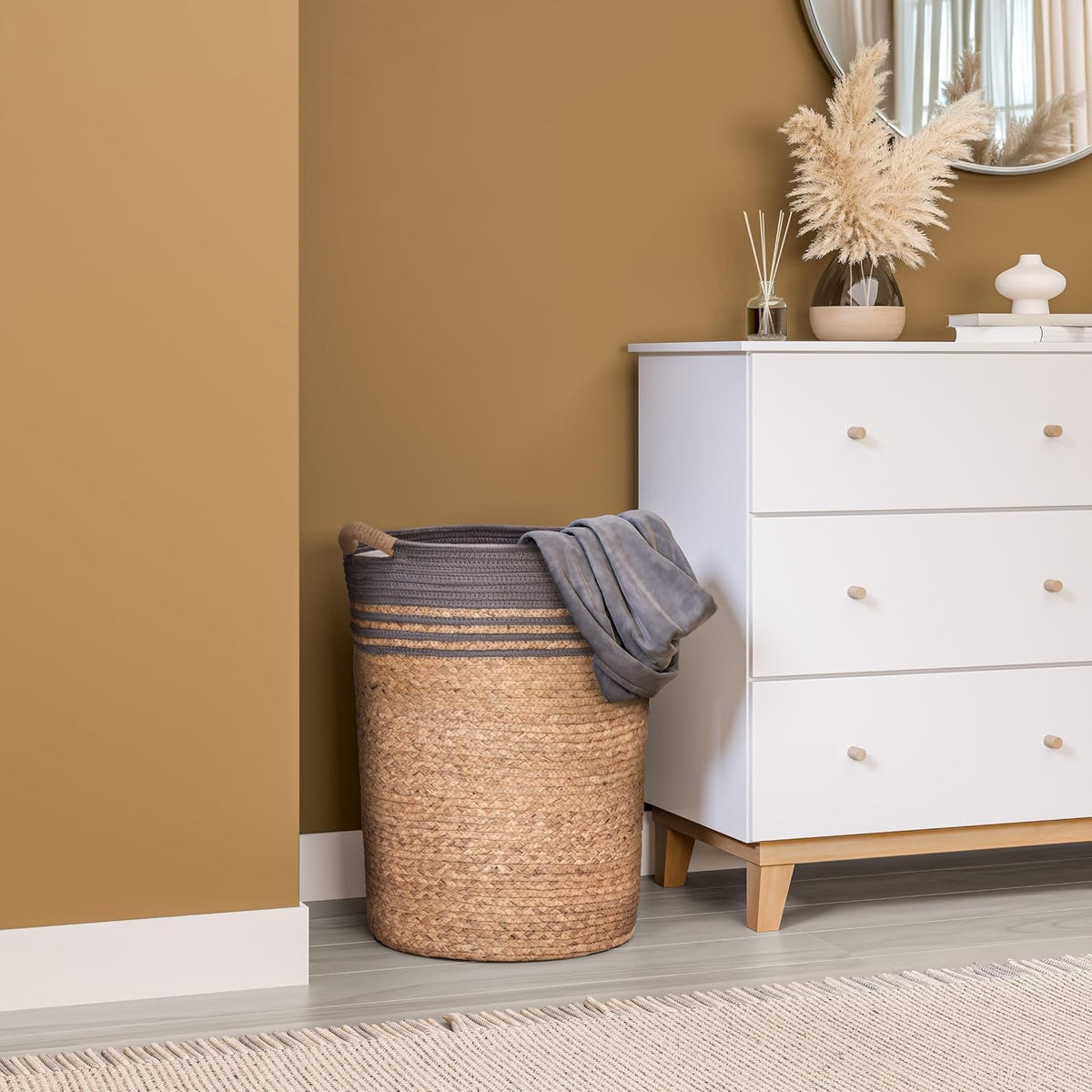 Premium Natural Handwoven Portable Laundry Bin Basket with Carrying Handles, Household Storage for Clothes, Linens, Sheets, Toys, Natural Water Hyacinth, Rectangular