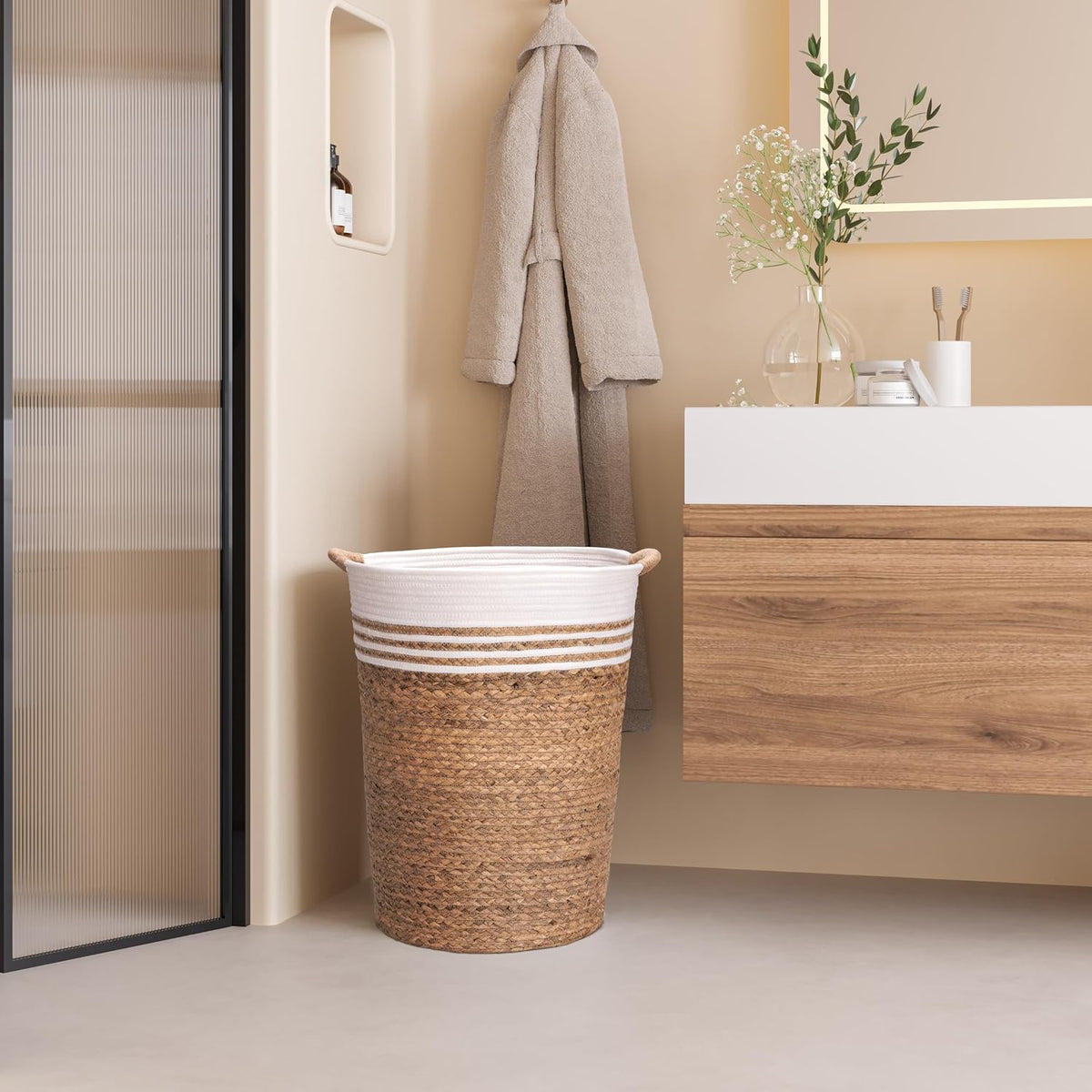 Premium Natural Handwoven Portable Laundry Bin Basket with Carrying Handles, Household Storage for Clothes, Linens, Sheets, Toys, Natural Water Hyacinth, Rectangular