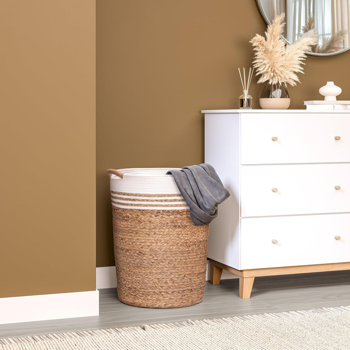 Premium Natural Handwoven Portable Laundry Bin Basket with Carrying Handles, Household Storage for Clothes, Linens, Sheets, Toys, Natural Water Hyacinth, Rectangular