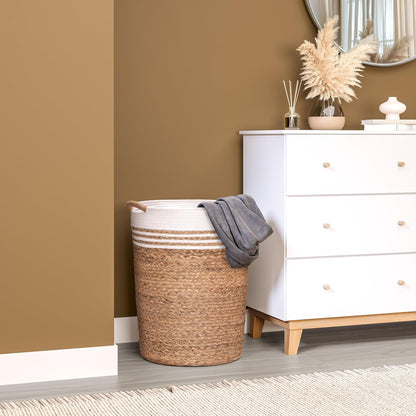 Premium Natural Handwoven Portable Laundry Bin Basket with Carrying Handles, Household Storage for Clothes, Linens, Sheets, Toys, Natural Water Hyacinth, Rectangular