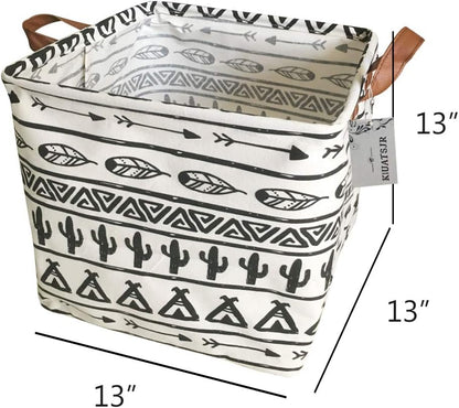 Square Canvas Toy Storage Bins Basket with Handle Collapsible Toy Organizer for Nursery Storage, Kid's Toy & Laundry, Gift Baskets(White-Geometric)