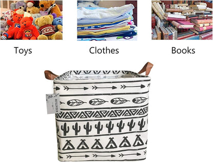 Square Canvas Toy Storage Bins Basket with Handle Collapsible Toy Organizer for Nursery Storage, Kid's Toy & Laundry, Gift Baskets(White-Geometric)