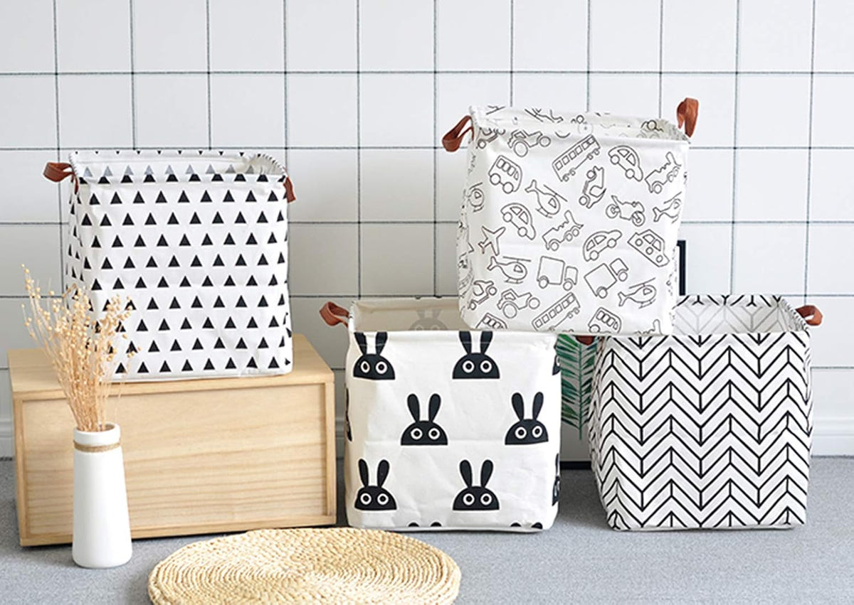 Square Canvas Toy Storage Bins Basket with Handle Collapsible Toy Organizer for Nursery Storage, Kid's Toy & Laundry, Gift Baskets(White-Geometric)