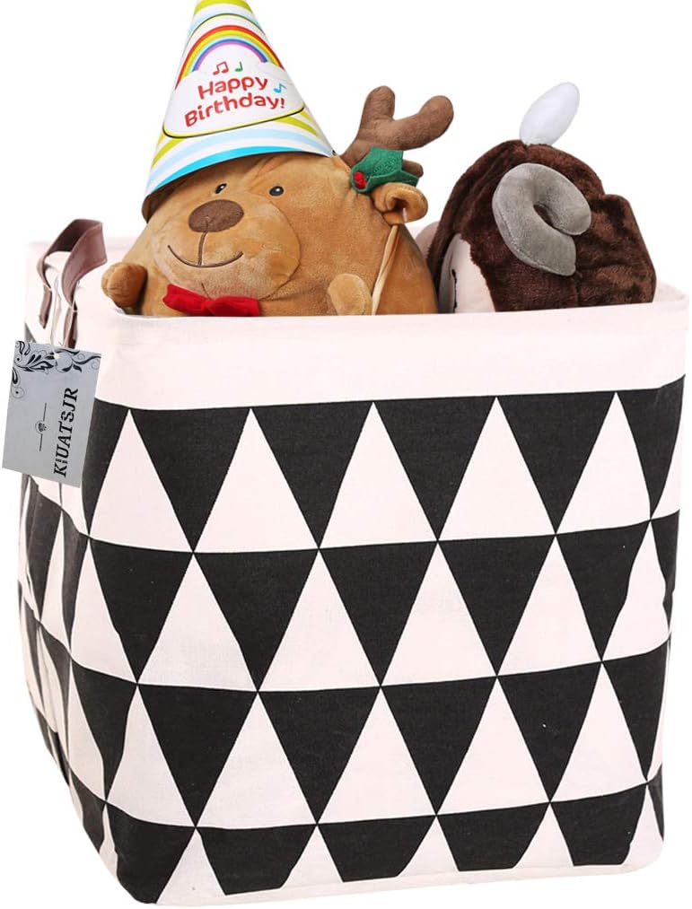 Square Canvas Toy Storage Bins Basket with Handle Collapsible Toy Organizer for Nursery Storage, Kid's Toy & Laundry, Gift Baskets(White-Geometric)