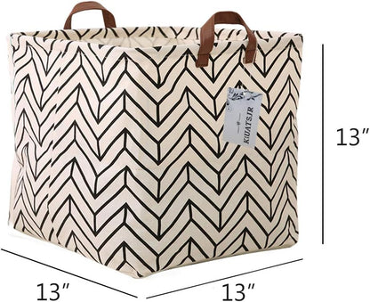 Square Canvas Toy Storage Bins Basket with Handle Collapsible Toy Organizer for Nursery Storage, Kid's Toy & Laundry, Gift Baskets(White-Geometric)