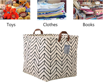 Square Canvas Toy Storage Bins Basket with Handle Collapsible Toy Organizer for Nursery Storage, Kid's Toy & Laundry, Gift Baskets(White-Geometric)