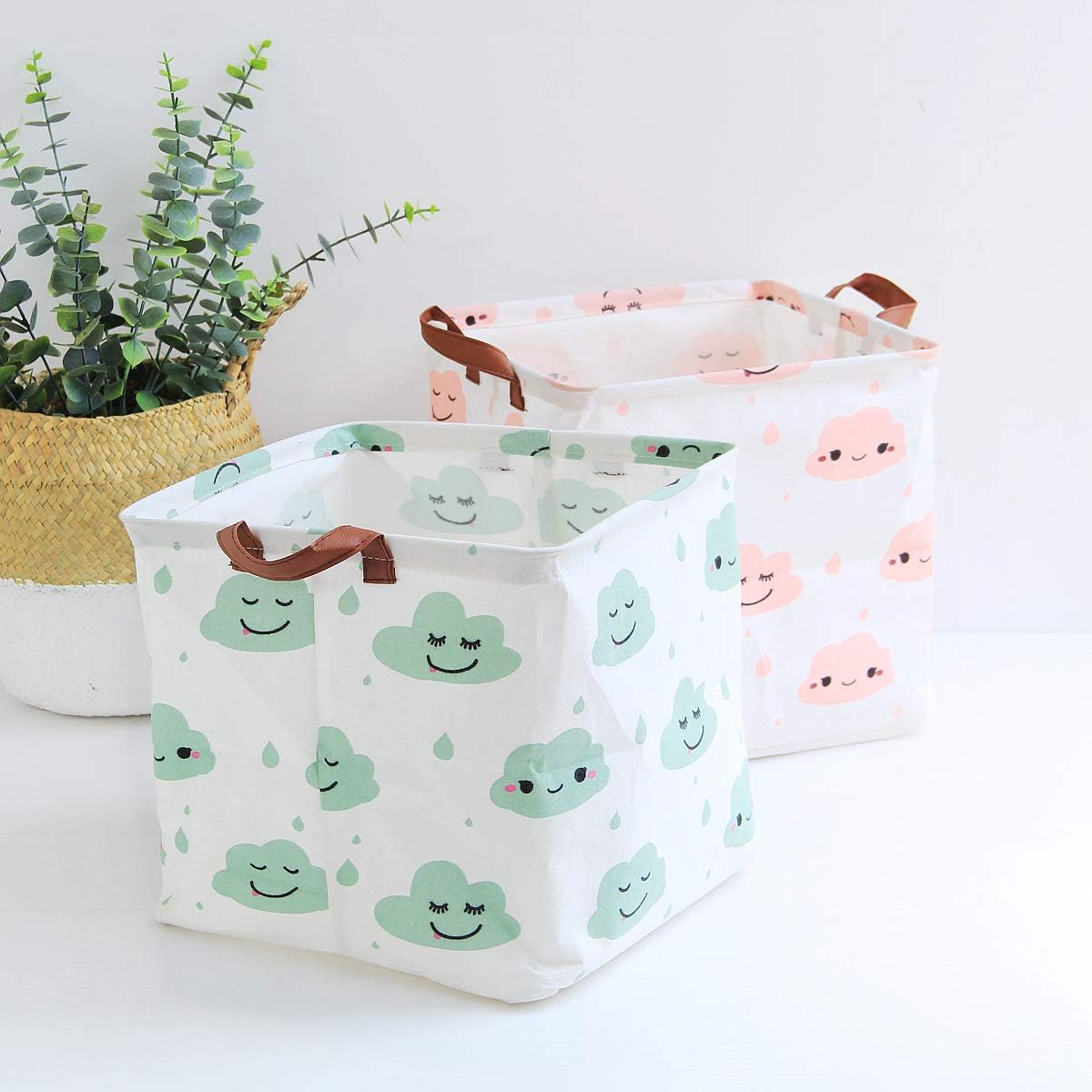 Square Canvas Toy Storage Bins Basket with Handle Collapsible Toy Organizer for Nursery Storage, Kid's Toy & Laundry, Gift Baskets(White-Geometric)