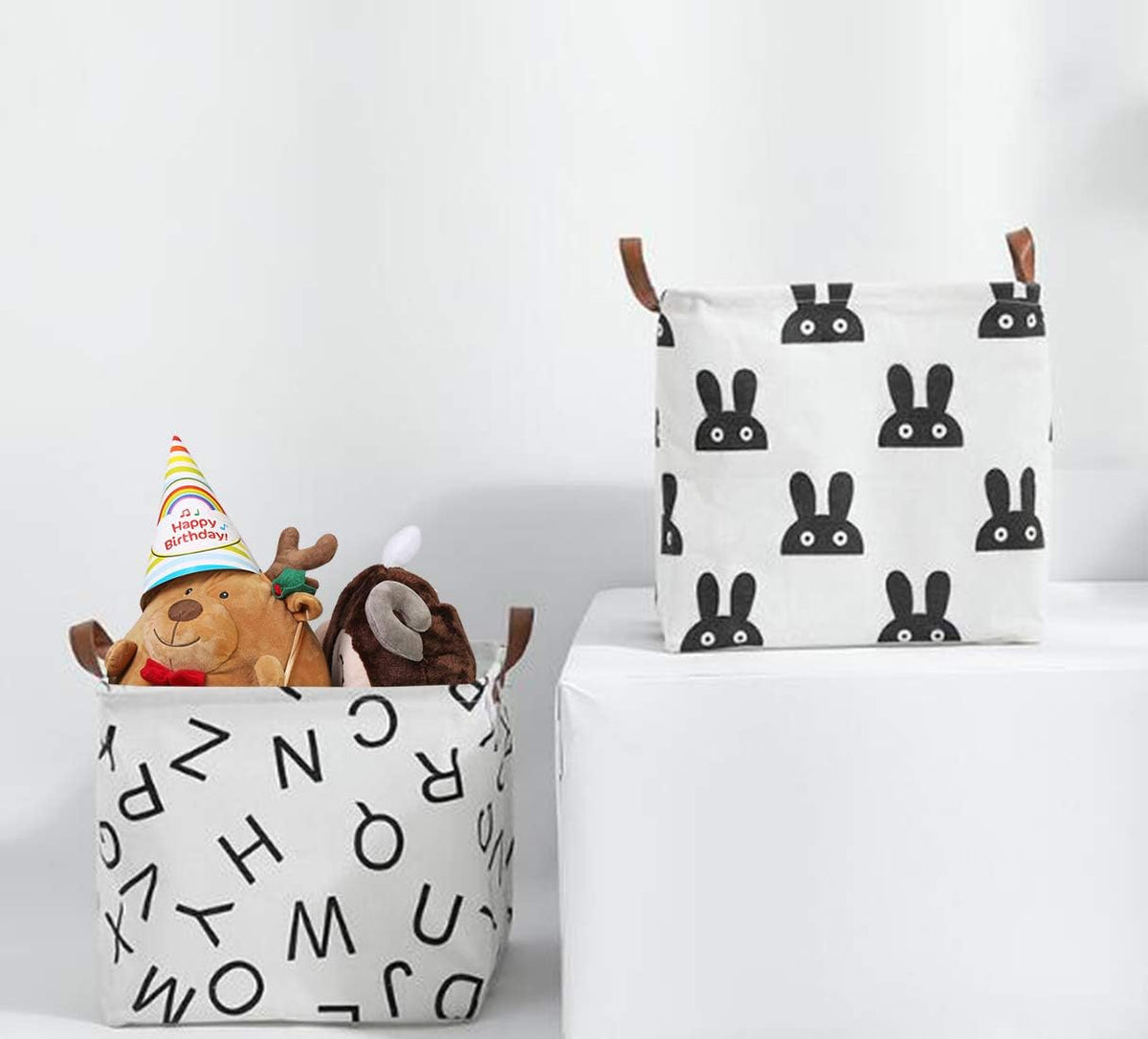 Square Canvas Toy Storage Bins Basket with Handle Collapsible Toy Organizer for Nursery Storage, Kid's Toy & Laundry, Gift Baskets(White-Geometric)