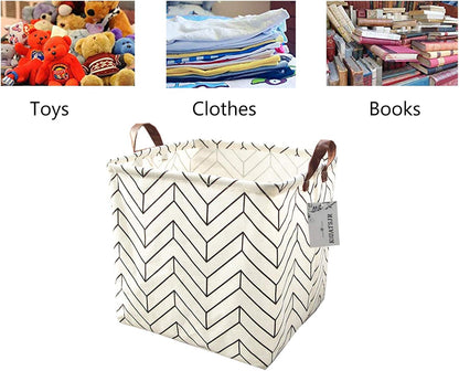 Square Canvas Toy Storage Bins Basket with Handle Collapsible Toy Organizer for Nursery Storage, Kid's Toy & Laundry, Gift Baskets(White-Geometric)