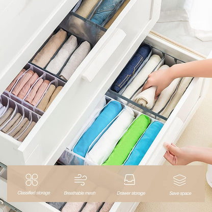Wardrobe Clothes Organizer 7 Grids Portable Closet Organizer Mesh Separation Storage Box Foldable Closet Drawer Organizer for Underwear Socks Scarves Leggings (Grey, 3 Leggings Grid)