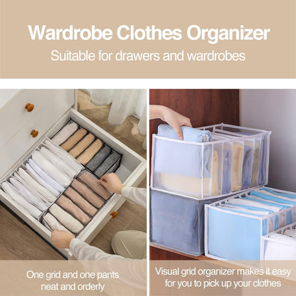 Wardrobe Clothes Organizer 7 Grids Portable Closet Organizer Mesh Separation Storage Box Foldable Closet Drawer Organizer for Underwear Socks Scarves Leggings (Grey, 3 Leggings Grid)