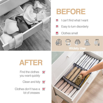 Wardrobe Clothes Organizer 7 Grids Portable Closet Organizer Mesh Separation Storage Box Foldable Closet Drawer Organizer for Underwear Socks Scarves Leggings (Grey, 3 Leggings Grid)