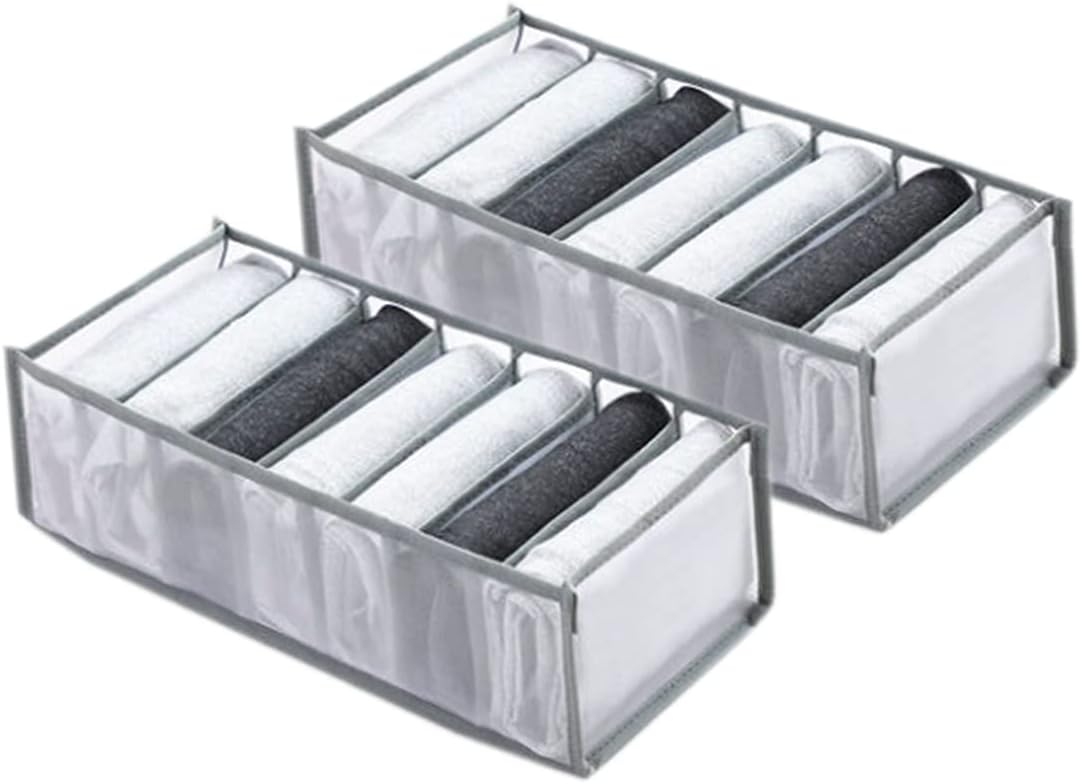 Wardrobe Clothes Organizer 7 Grids Portable Closet Organizer Mesh Separation Storage Box Foldable Closet Drawer Organizer for Underwear Socks Scarves Leggings (Grey, 3 Leggings Grid)