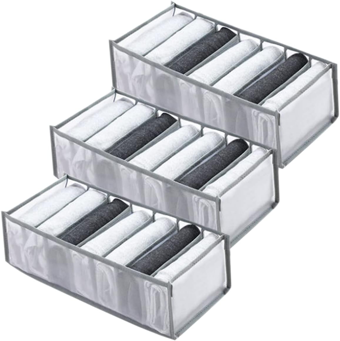 Wardrobe Clothes Organizer 7 Grids Portable Closet Organizer Mesh Separation Storage Box Foldable Closet Drawer Organizer for Underwear Socks Scarves Leggings (Grey, 3 Leggings Grid)