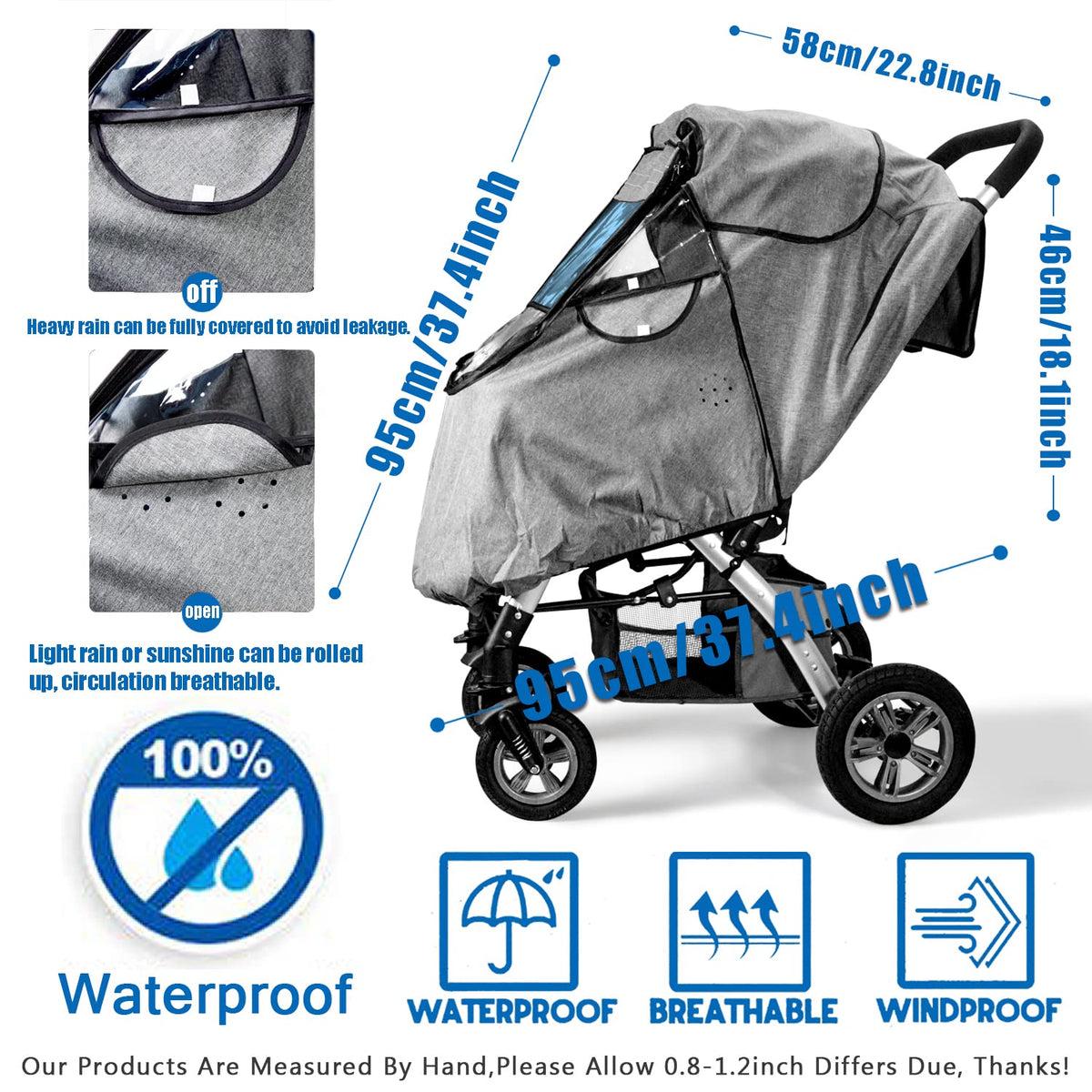 Stroller Rain Cover,Rainproof Nano-Coating Elastic Band,Grey