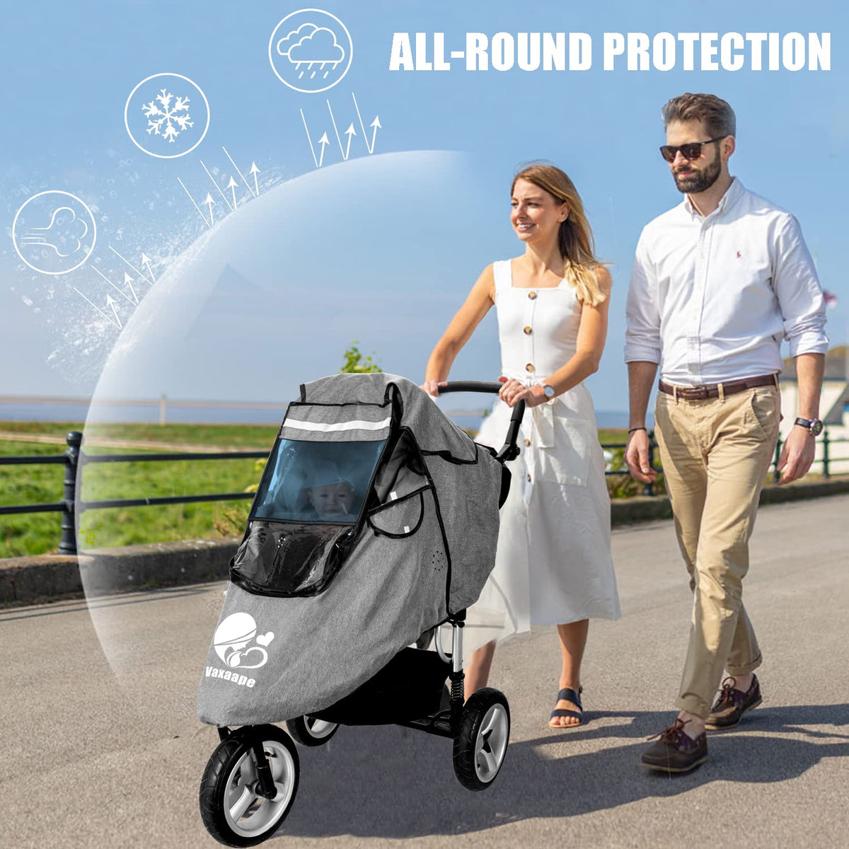 Stroller Rain Cover,Rainproof Nano-Coating Elastic Band,Grey