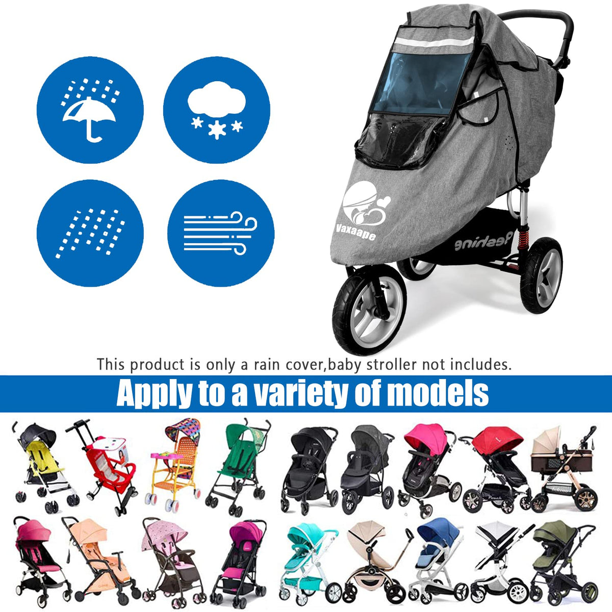 Stroller Rain Cover,Rainproof Nano-Coating Elastic Band,Grey