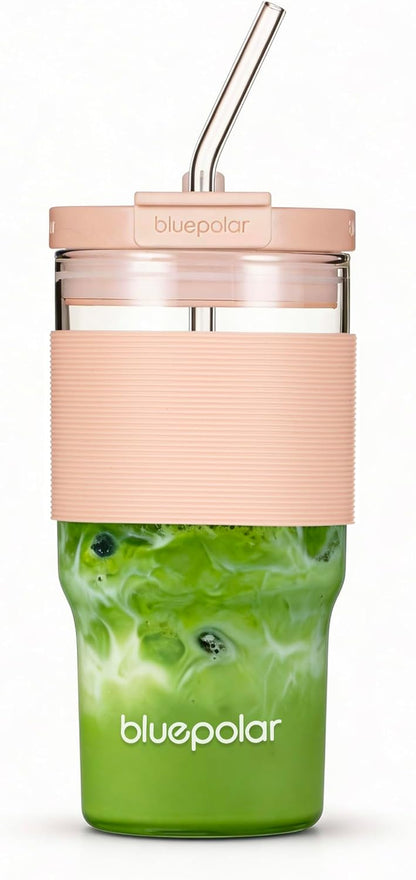 23oz Glass Tumbler with Lid & Straw - Large Iced Coffee Cup, Leakproof & Portable for Office, Gym, Travel for Smoothies, Matcha (Pink with Sleeve)