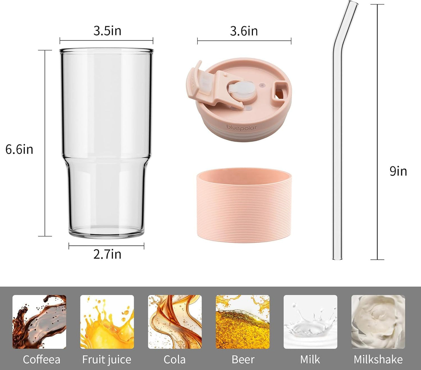 23oz Glass Tumbler with Lid & Straw - Large Iced Coffee Cup, Leakproof & Portable for Office, Gym, Travel for Smoothies, Matcha (Pink with Sleeve)