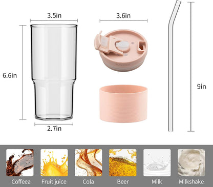 23oz Glass Tumbler with Lid & Straw - Large Iced Coffee Cup, Leakproof & Portable for Office, Gym, Travel for Smoothies, Matcha (Pink with Sleeve)