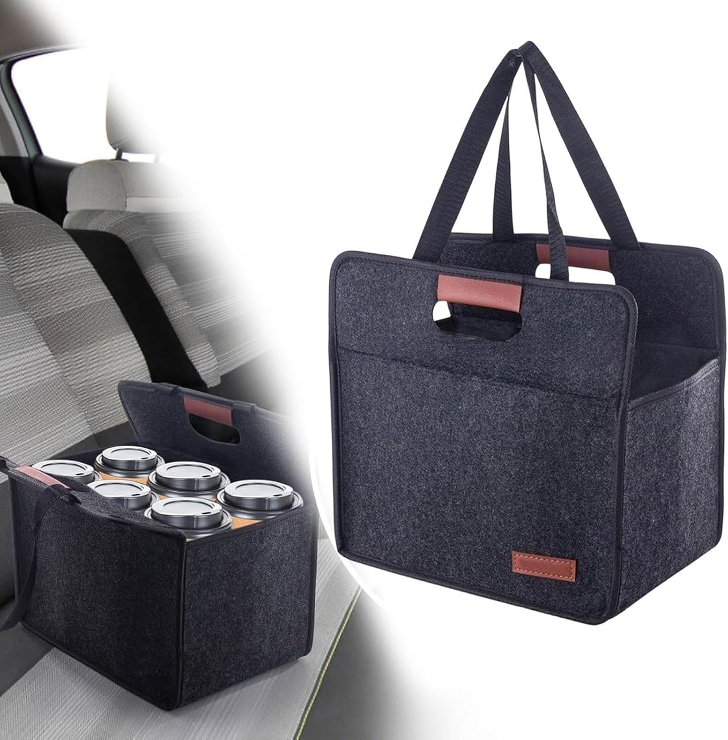 Foldable Drink Carrier Tote Bag with Leak Resistant Compartments, Multi Cup Beverage Organizer with Handle, Insulated Divider for Coffee, Takeout, Car Travel, Picnic, Grocery Transport (2 Cups)