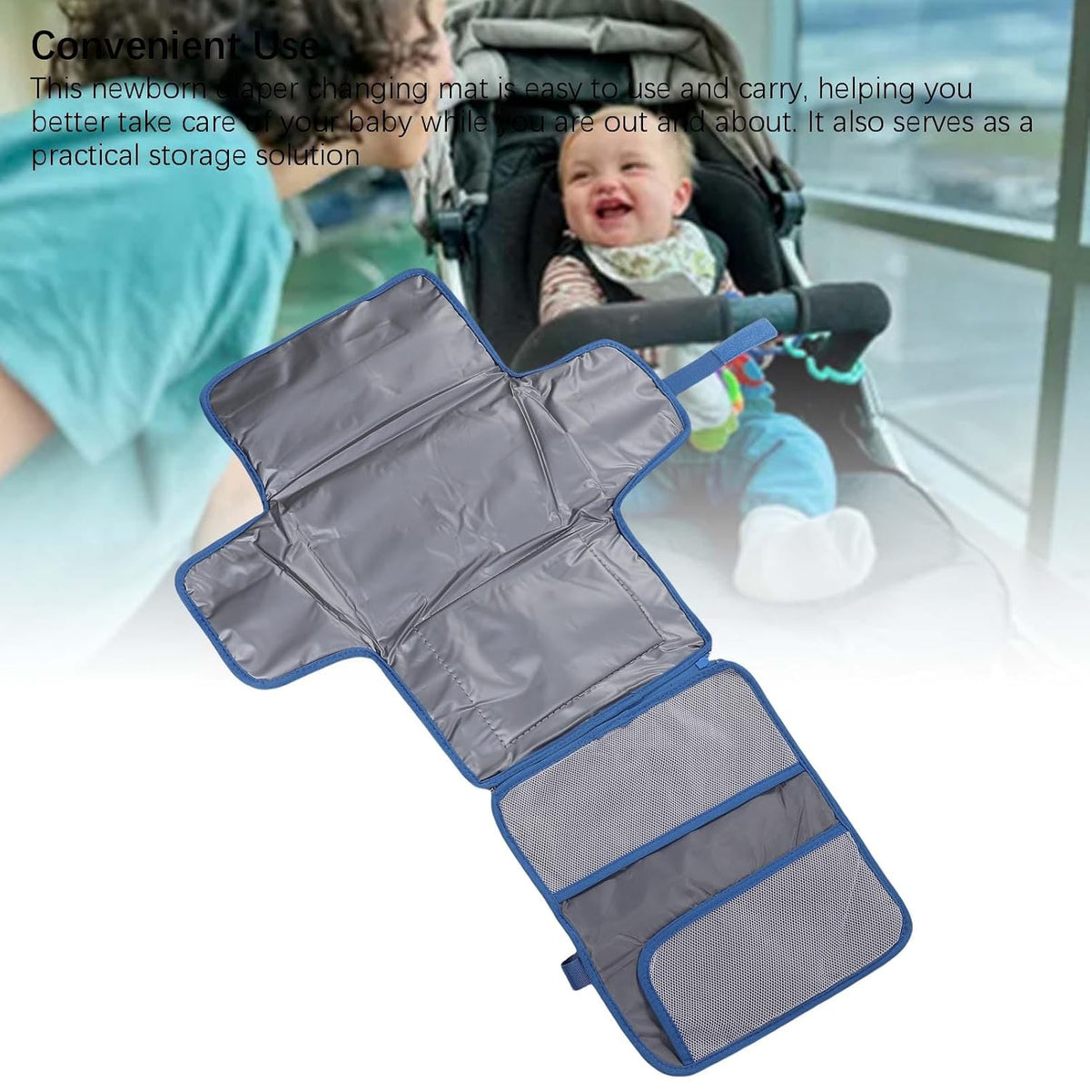 Portable Newborn Diaper Changing Mat Water Proof Baby Changer Pad for Travel, Oxford Cloth, 34.1 X 21.3 Wet Wipe Holder, Outdoor Outings (Grey)