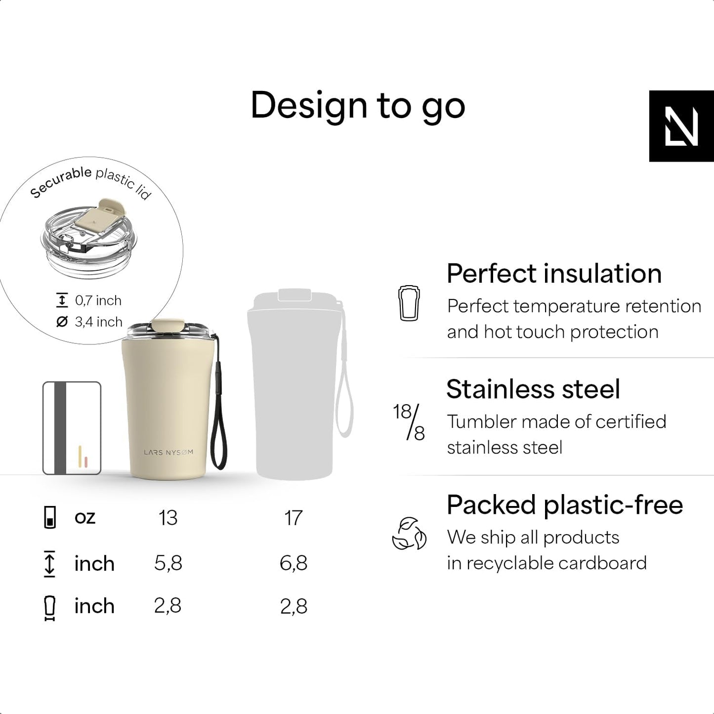 LARS NYSØM Thermo Coffee Mug to go with Strap 17oz | Travel Mug 0.5 Liter with Insulation | Leak Proof Stainless Steel Thermal Tumbler for Coffee and Tea to Go (Aqua Turquoise, 17 oz)