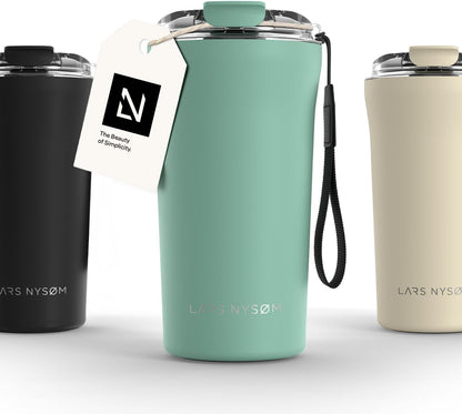 LARS NYSØM Thermo Coffee Mug to go with Strap 17oz | Travel Mug 0.5 Liter with Insulation | Leak Proof Stainless Steel Thermal Tumbler for Coffee and Tea to Go (Aqua Turquoise, 17 oz)