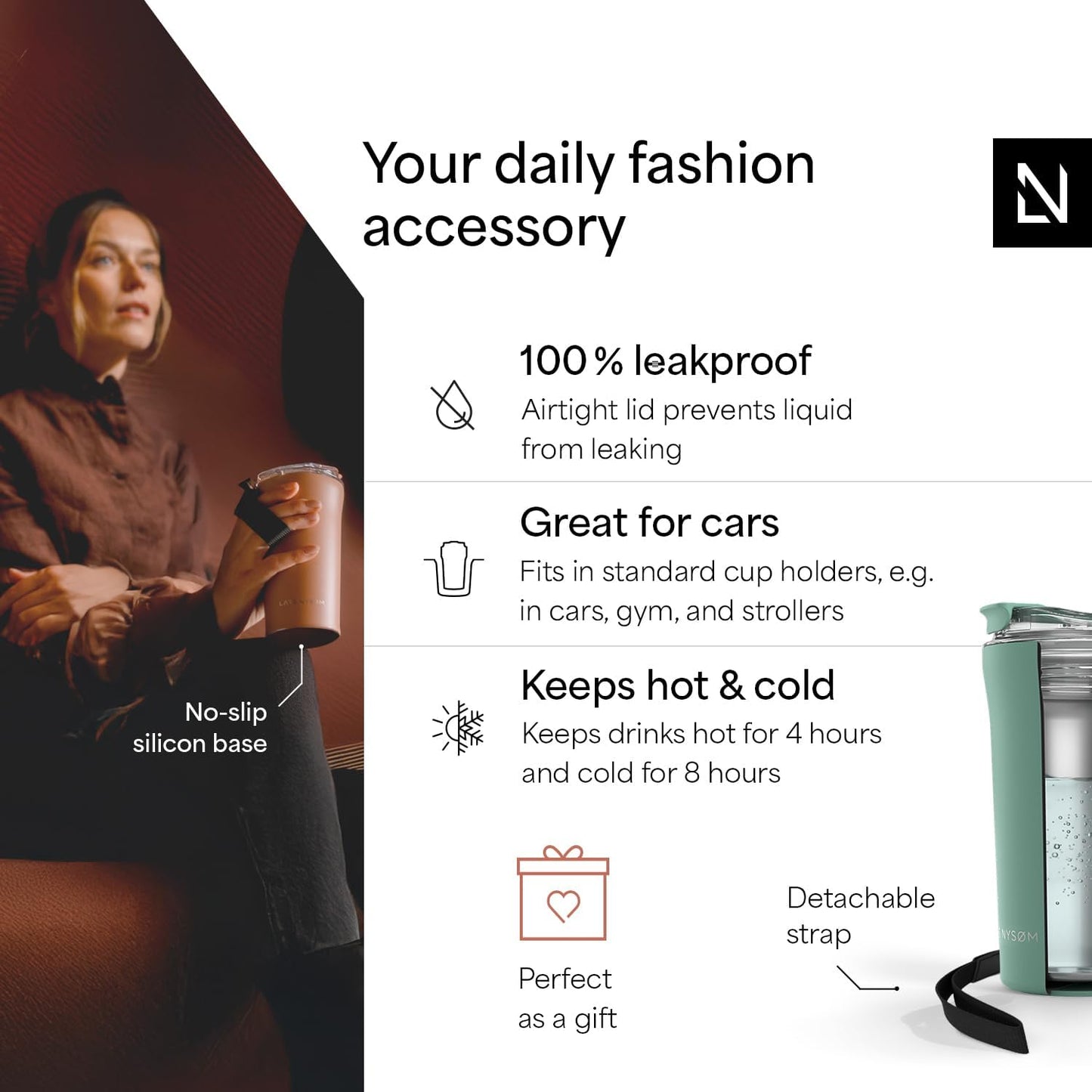 LARS NYSØM Thermo Coffee Mug to go with Strap 17oz | Travel Mug 0.5 Liter with Insulation | Leak Proof Stainless Steel Thermal Tumbler for Coffee and Tea to Go (Aqua Turquoise, 17 oz)